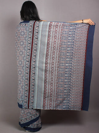 Indigo Maroon Mughal Nakashi Ajrakh Hand Block Printed in Natural Vegetable Colors Cotton Mul Saree - S03170601