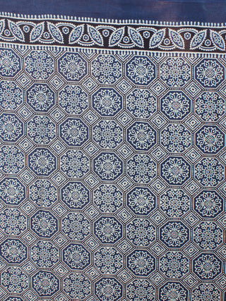 Indigo Maroon Mughal Nakashi Ajrakh Hand Block Printed in Natural Vegetable Colors Cotton Mul Saree - S03170601