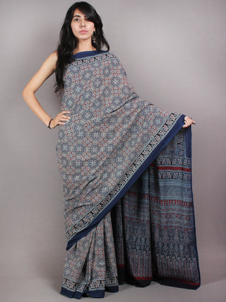 Indigo Ivory Red Mughal Nakashi Ajrakh Hand Block Printed in Natural Vegetable Colors Cotton Mul Saree - S03170602