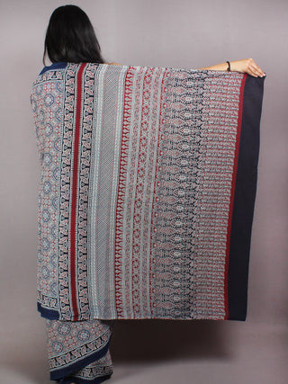 Indigo Ivory Red Mughal Nakashi Ajrakh Hand Block Printed in Natural Vegetable Colors Cotton Mul Saree - S03170602
