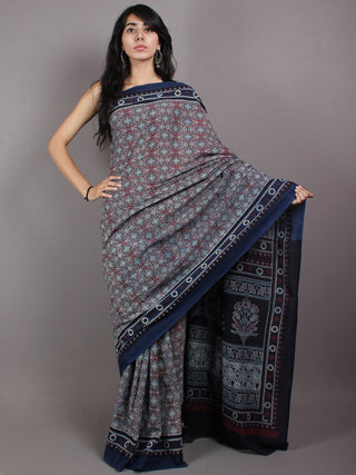 Maroon Ivory Indigo Mughal Nakashi Ajrakh Hand Block Printed in Natural Vegetable Colors Cotton Mul Saree - S03170603