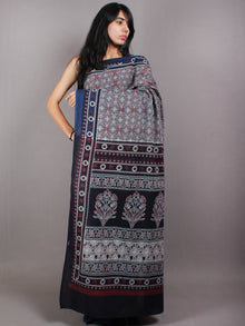 Maroon Ivory Indigo Mughal Nakashi Ajrakh Hand Block Printed in Natural Vegetable Colors Cotton Mul Saree - S03170603