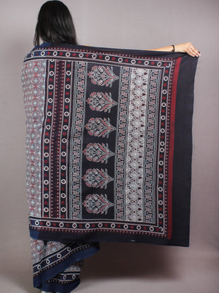 Maroon Ivory Indigo Mughal Nakashi Ajrakh Hand Block Printed in Natural Vegetable Colors Cotton Mul Saree - S03170603