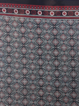 Maroon Ivory Indigo Mughal Nakashi Ajrakh Hand Block Printed in Natural Vegetable Colors Cotton Mul Saree - S03170603