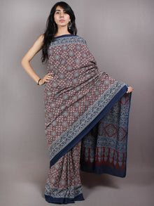 Maroon Ivory Indigo Mughal Nakashi Ajrakh Hand Block Printed in Natural Vegetable Colors Cotton Mul Saree - S03170604