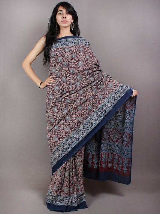 Maroon Ivory Indigo Mughal Nakashi Ajrakh Hand Block Printed in Natural Vegetable Colors Cotton Mul Saree - S03170604