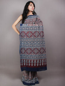 Maroon Ivory Indigo Mughal Nakashi Ajrakh Hand Block Printed in Natural Vegetable Colors Cotton Mul Saree - S03170604