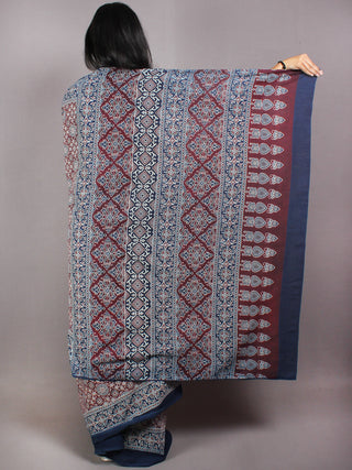 Maroon Ivory Indigo Mughal Nakashi Ajrakh Hand Block Printed in Natural Vegetable Colors Cotton Mul Saree - S03170604