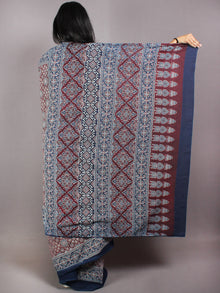 Maroon Ivory Indigo Mughal Nakashi Ajrakh Hand Block Printed in Natural Vegetable Colors Cotton Mul Saree - S03170604