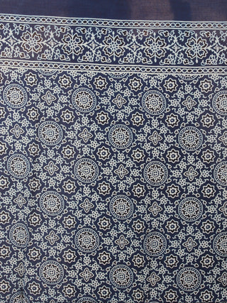 Maroon Ivory Indigo Mughal Nakashi Ajrakh Hand Block Printed in Natural Vegetable Colors Cotton Mul Saree - S03170604