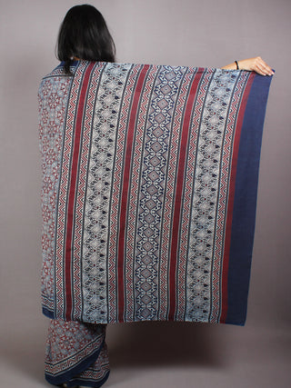 Indigo Maroon Ivory Mughal Nakashi Ajrakh Hand Block Printed in Natural Vegetable Colors Cotton Mul Saree - S03170605