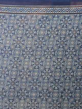 Indigo Maroon Ivory Mughal Nakashi Ajrakh Hand Block Printed in Natural Vegetable Colors Cotton Mul Saree - S03170605