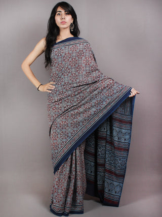 Indigo Maroon Ivory Mughal Nakashi Ajrakh Hand Block Printed in Natural Vegetable Colors Cotton Mul Saree - S03170605