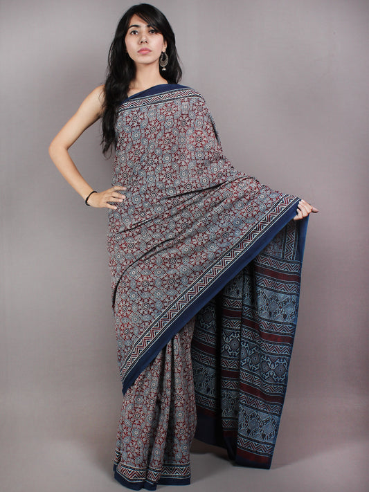 Indigo Maroon Ivory Mughal Nakashi Ajrakh Hand Block Printed in Natural Vegetable Colors Cotton Mul Saree - S03170605