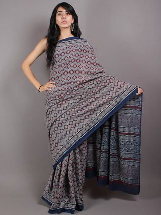 Indigo Maroon Ivory Mughal Nakashi Ajrakh Hand Block Printed in Natural Vegetable Colors Cotton Mul Saree - S03170606