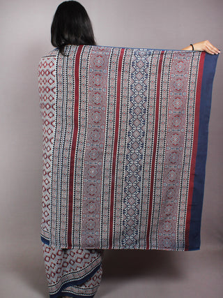 Indigo Maroon Ivory Mughal Nakashi Ajrakh Hand Block Printed in Natural Vegetable Colors Cotton Mul Saree - S03170606