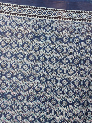 Indigo Maroon Ivory Mughal Nakashi Ajrakh Hand Block Printed in Natural Vegetable Colors Cotton Mul Saree - S03170606