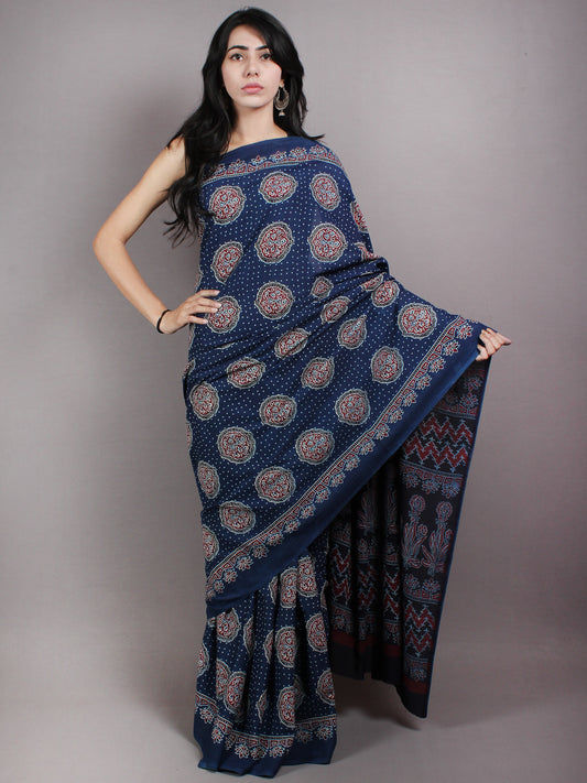 Indigo Red Black Ivory Mughal Nakashi Ajrakh Hand Block Printed in Natural Vegetable Colors Cotton Mul Saree - S03170611