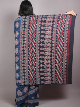 Indigo Red Black Ivory Mughal Nakashi Ajrakh Hand Block Printed in Natural Vegetable Colors Cotton Mul Saree - S03170611