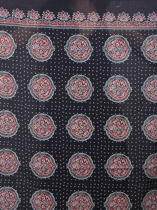 Indigo Red Black Ivory Mughal Nakashi Ajrakh Hand Block Printed in Natural Vegetable Colors Cotton Mul Saree - S03170611