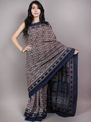 Indigo Maroon Black Mughal Nakashi Ajrakh Hand Block Printed  Cotton Mul Saree - S03170612