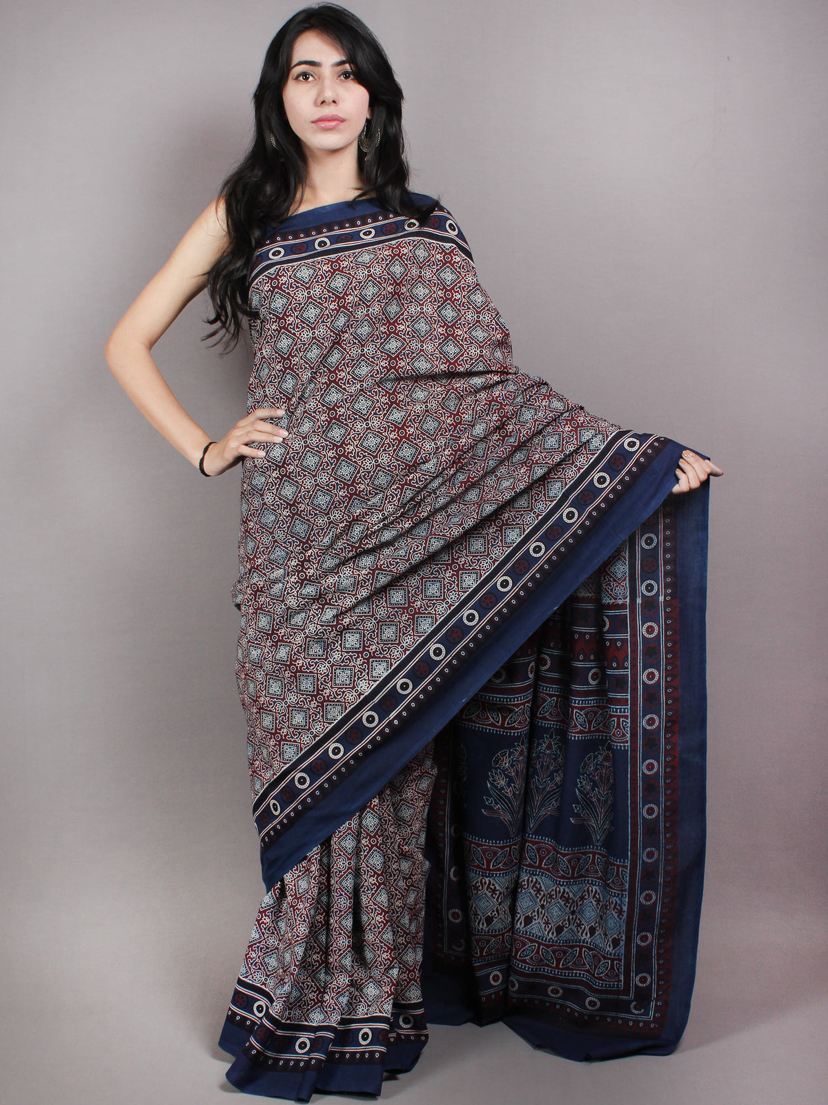 Indigo Maroon Black Mughal Nakashi Ajrakh Hand Block Printed  Cotton Mul Saree - S03170612
