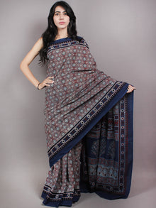 Indigo Maroon Black Mughal Nakashi Ajrakh Hand Block Printed  Cotton Mul Saree - S03170612