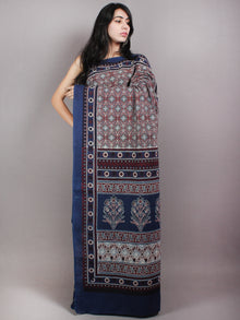 Indigo Maroon Black Mughal Nakashi Ajrakh Hand Block Printed  Cotton Mul Saree - S03170612