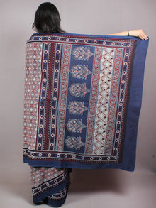Indigo Maroon Black Mughal Nakashi Ajrakh Hand Block Printed  Cotton Mul Saree - S03170612