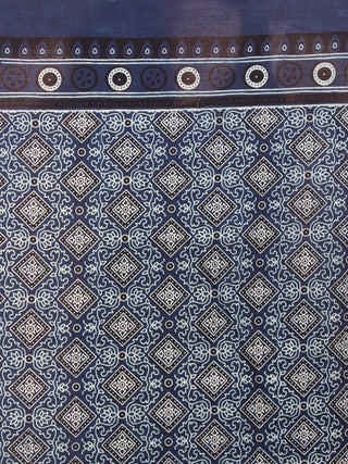 Indigo Maroon Black Mughal Nakashi Ajrakh Hand Block Printed  Cotton Mul Saree - S03170612