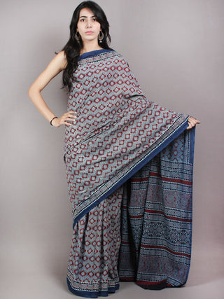 Indigo Maroon Black Mughal Nakashi Ajrakh Hand Block Printed in Natural Vegetable Colors Cotton Mul Saree - S03170613