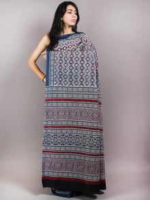 Indigo Maroon Black Mughal Nakashi Ajrakh Hand Block Printed in Natural Vegetable Colors Cotton Mul Saree - S03170613
