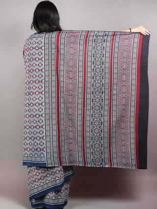Indigo Maroon Black Mughal Nakashi Ajrakh Hand Block Printed in Natural Vegetable Colors Cotton Mul Saree - S03170613