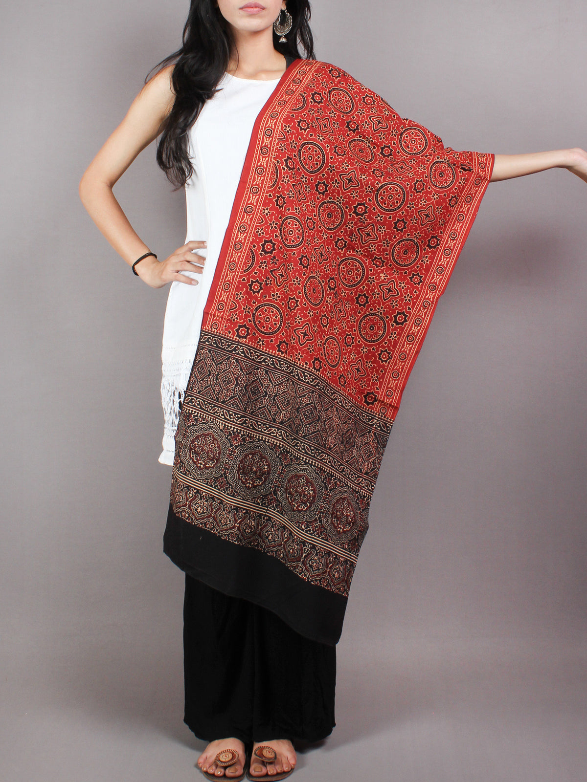 Red Black Mughal Nakashi Ajrakh Hand Block Printed Cotton Stole - S6317025