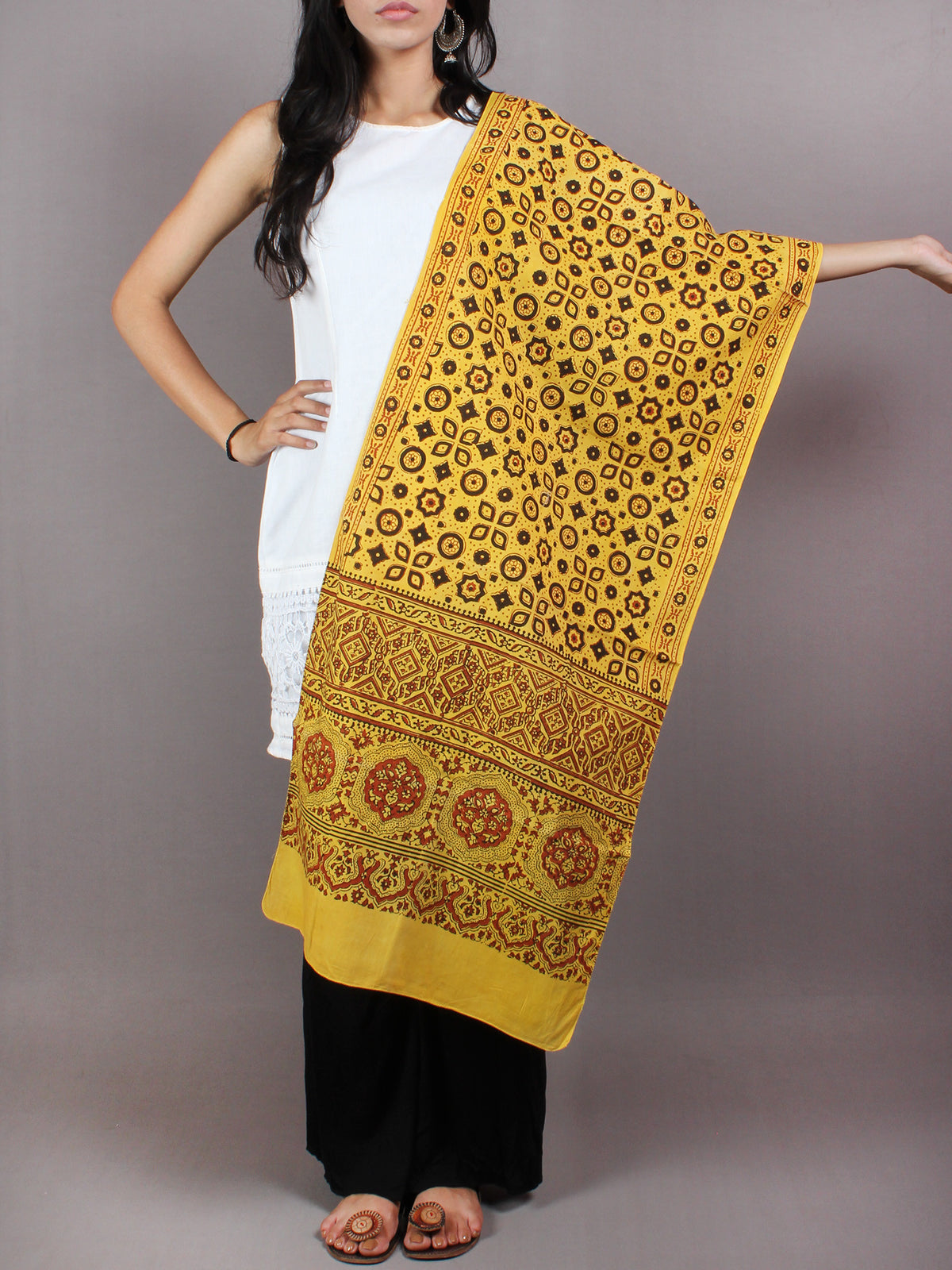 Yellow Red Brown Mughal Nakashi Ajrakh Hand Block Printed Cotton Stole - S6317026