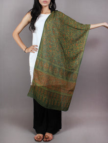 Green Red Brown Mughal Nakashi Ajrakh Hand Block Printed Cotton Stole - S6317028