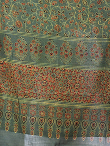 Green Red Brown Mughal Nakashi Ajrakh Hand Block Printed Cotton Stole - S6317028