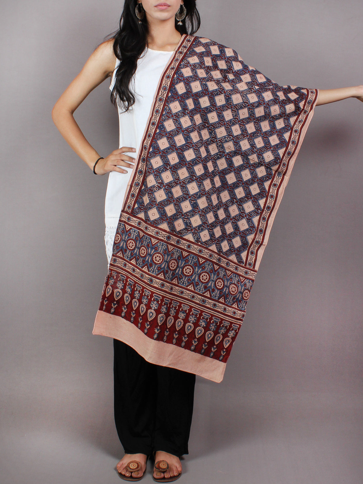 Salmon Pink Maroon Blue Mughal Nakashi Ajrakh Hand Block Printed Cotton Stole - S6317029