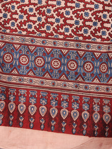 Salmon Pink Maroon Blue Mughal Nakashi Ajrakh Hand Block Printed Cotton Stole - S6317030
