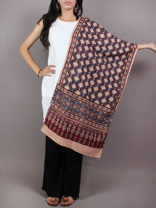 Salmon Pink Maroon Blue Mughal Nakashi Ajrakh Hand Block Printed Cotton Stole - S6317031