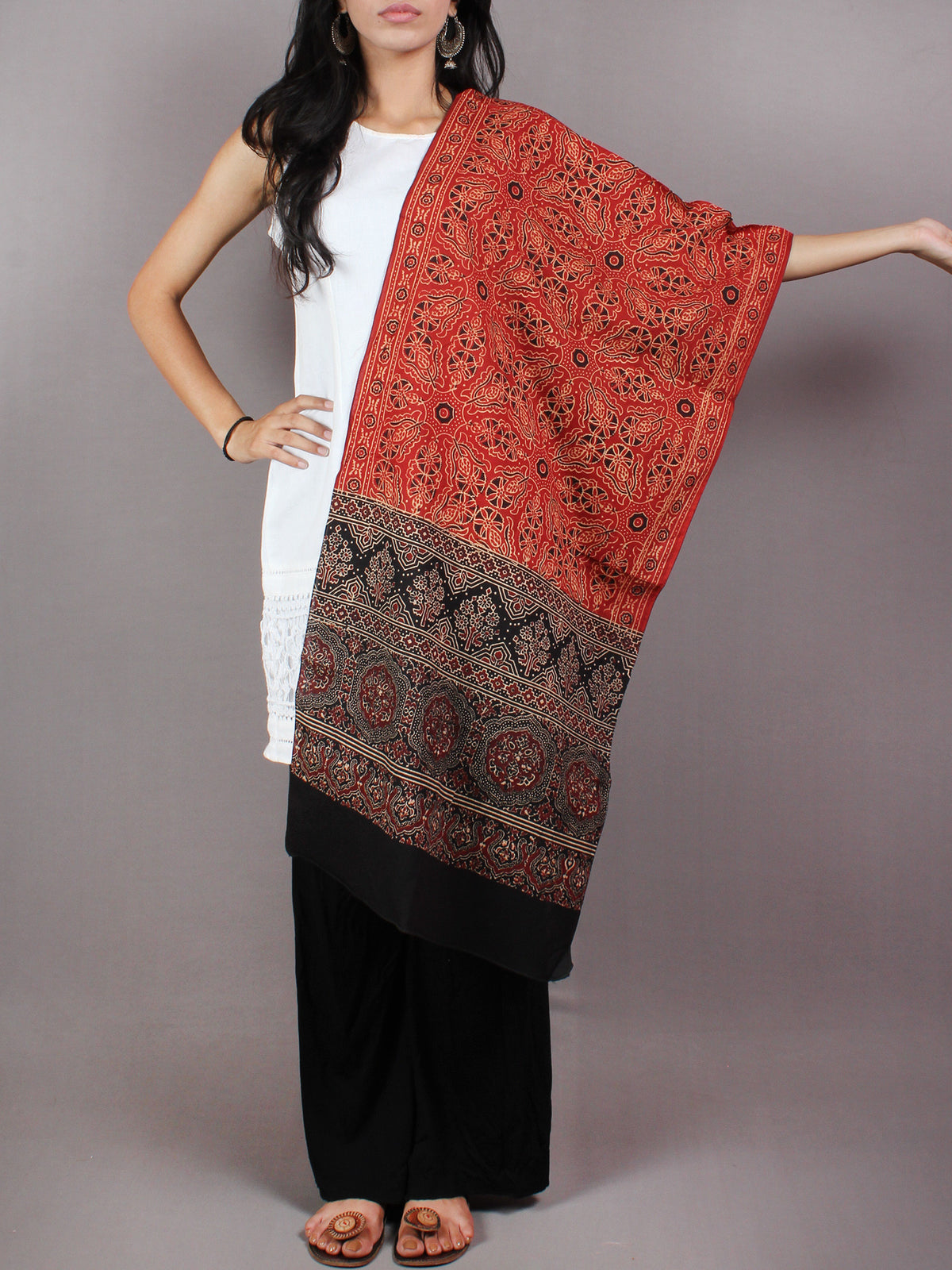 Red Black Maroon Mughal Nakashi Ajrakh Hand Block Printed Cotton Stole - S6317034