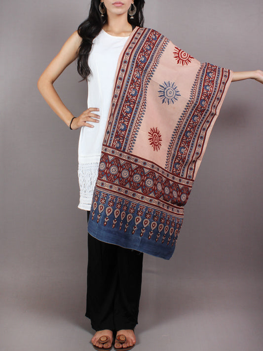 Salmon Pink Blue Maroon Mughal Nakashi Ajrakh Hand Block Printed Cotton Stole - S6317035