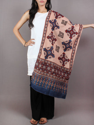 Salmon Pink Blue Maroon Mughal Nakashi Ajrakh Hand Block Printed Cotton Stole - S6317036