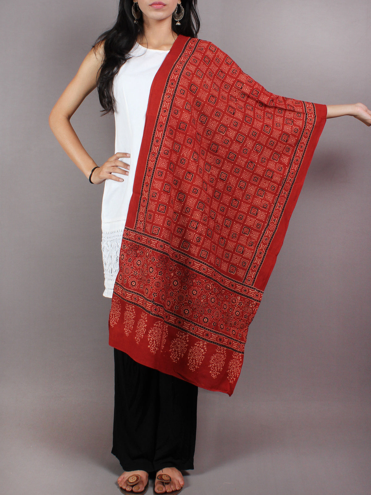Red Black Ivory Mughal Nakashi Ajrakh Hand Block Printed Cotton Stole - S6317033