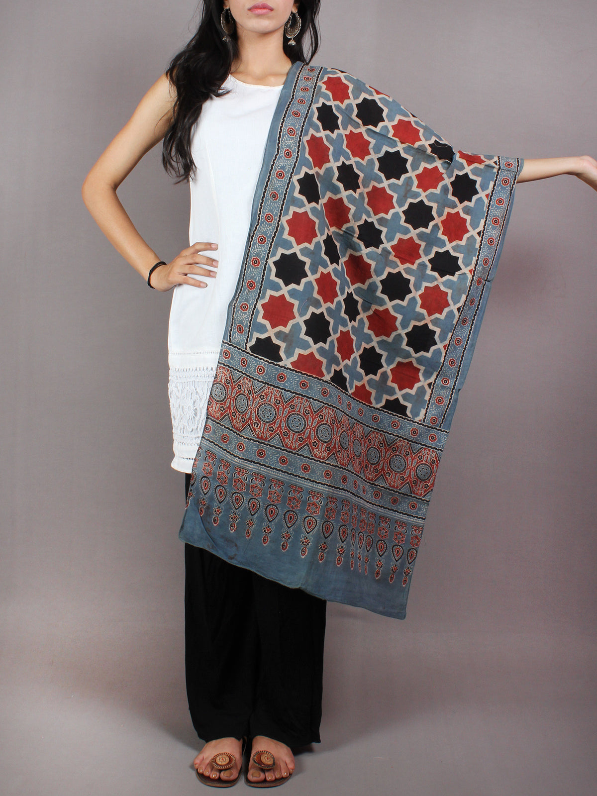 Stone Blue Red Black Mughal Nakashi Ajrakh Hand Block Printed Cotton Stole - S6317039