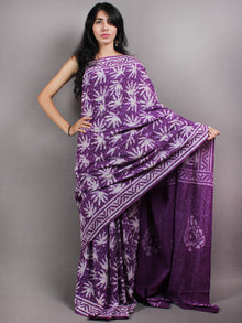 Purple White Hand Block Printed in Natural Colors Cotton Mul Saree - S03170628