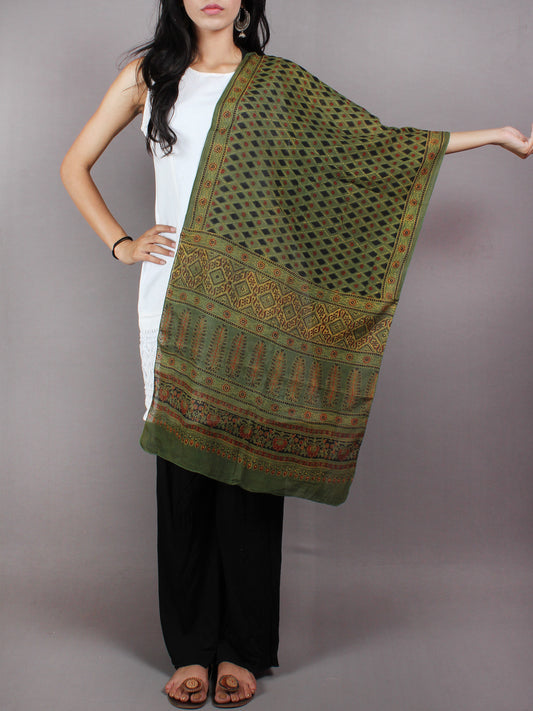 Green Multi Color Mughal Nakashi Ajrakh Hand Block Printed Cotton Stole - S6317040