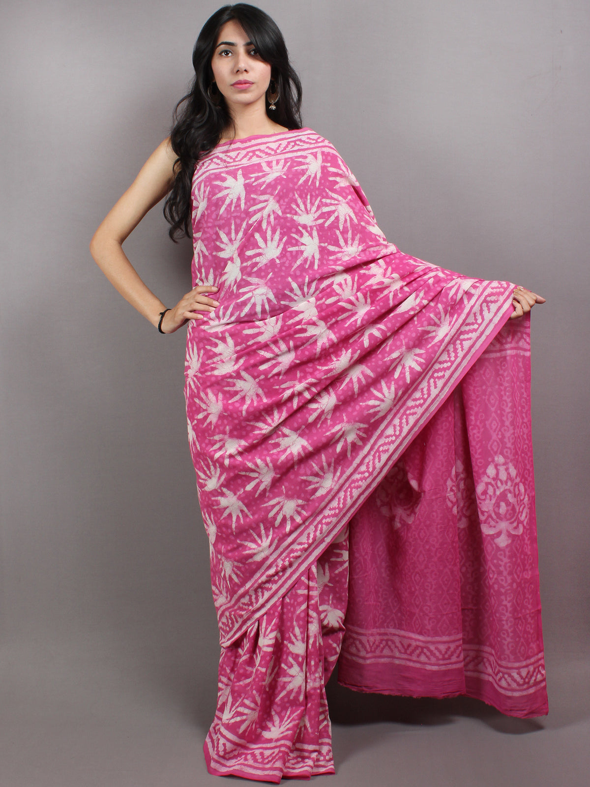 Pink White Hand Block Printed in Natural Colors Cotton Mul Saree - S03170629
