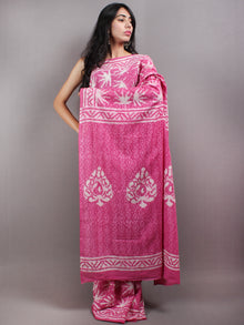 Pink White Hand Block Printed in Natural Colors Cotton Mul Saree - S03170629