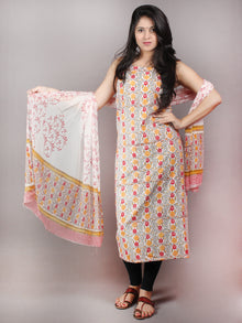 White Yellow Red Hand Block Printed Cotton Suit-Salwar Fabric With Chiffon Dupatta - S1628063